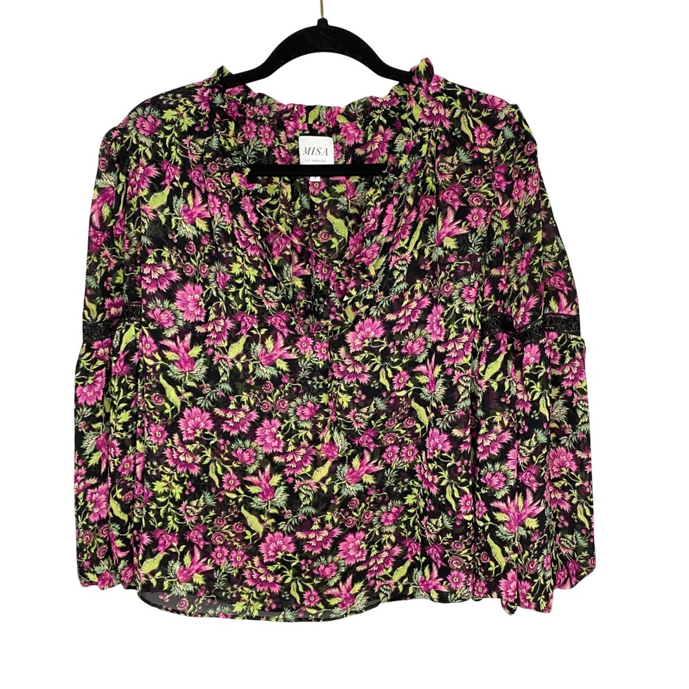 MISA Los Angeles Alicia Floral Chiffon Blouse Pink Green Black Boho Tassel Top S